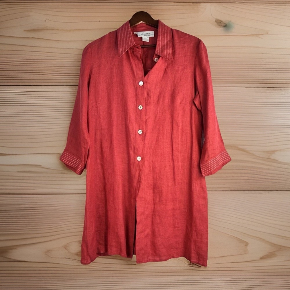 Vintage Italian Linen Blouse Tunic 44/12/L Red Collared MOP Buttons Lagenlook